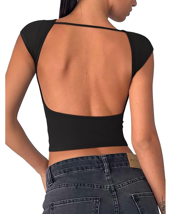 REORIA Women's Sexy Backless Going Out Crop Tops Double Lined T Shirts Open Back Y2k Trendy Top | Amazon (US)