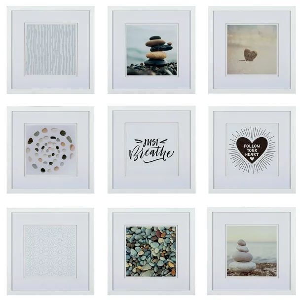 Set of 9 Piece White Square Photo Frames with Double White Mat Wall Gallery Kit. Includes: Hangin... | Walmart (US)