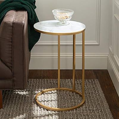 Walker Edison Modern Round Side End Accent Table Living Room, C, Marble/Gold | Amazon (US)