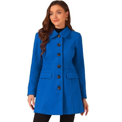 INSPIRE CHIC Women's Winter Collared Flap Pocket Single Breasted Back Split Buttoned Long Overcoats Small Blue | Target