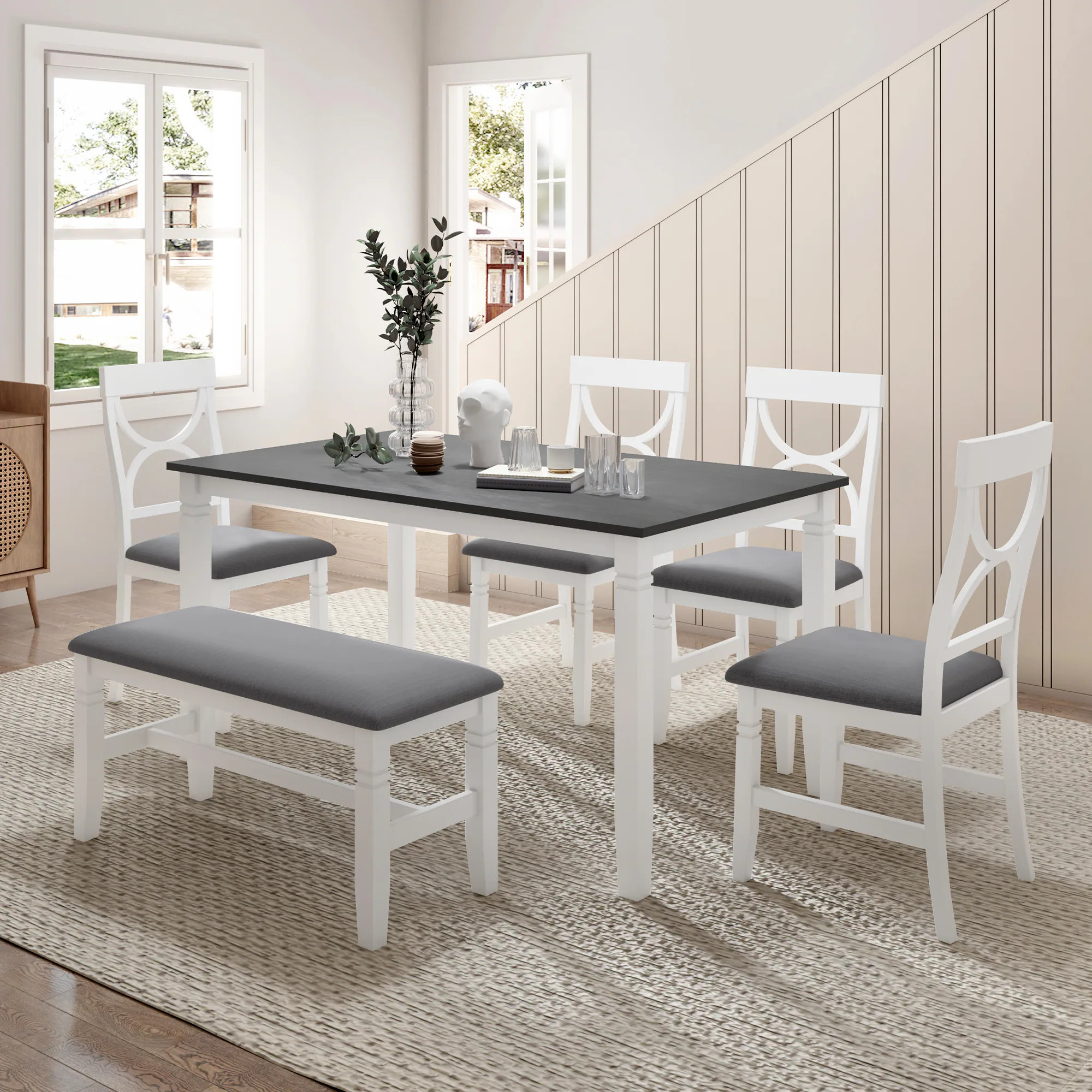 ModernLuxe Assembly Required 6Piece Wood Dining Table Set Kitchen Table Set with Upholstered Bench and 4 Dining ChairsFarmhouse StyleGrayWhite | Lowe's