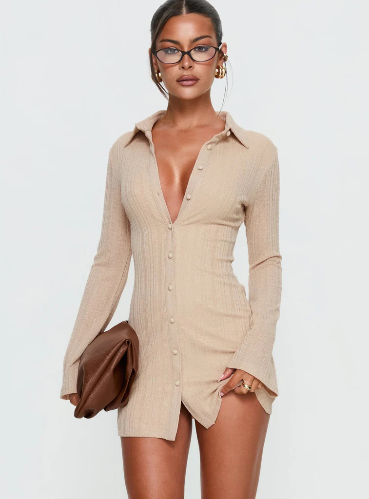 When You Sleep Long Sleeve Mini Dress Beige | Princess Polly US