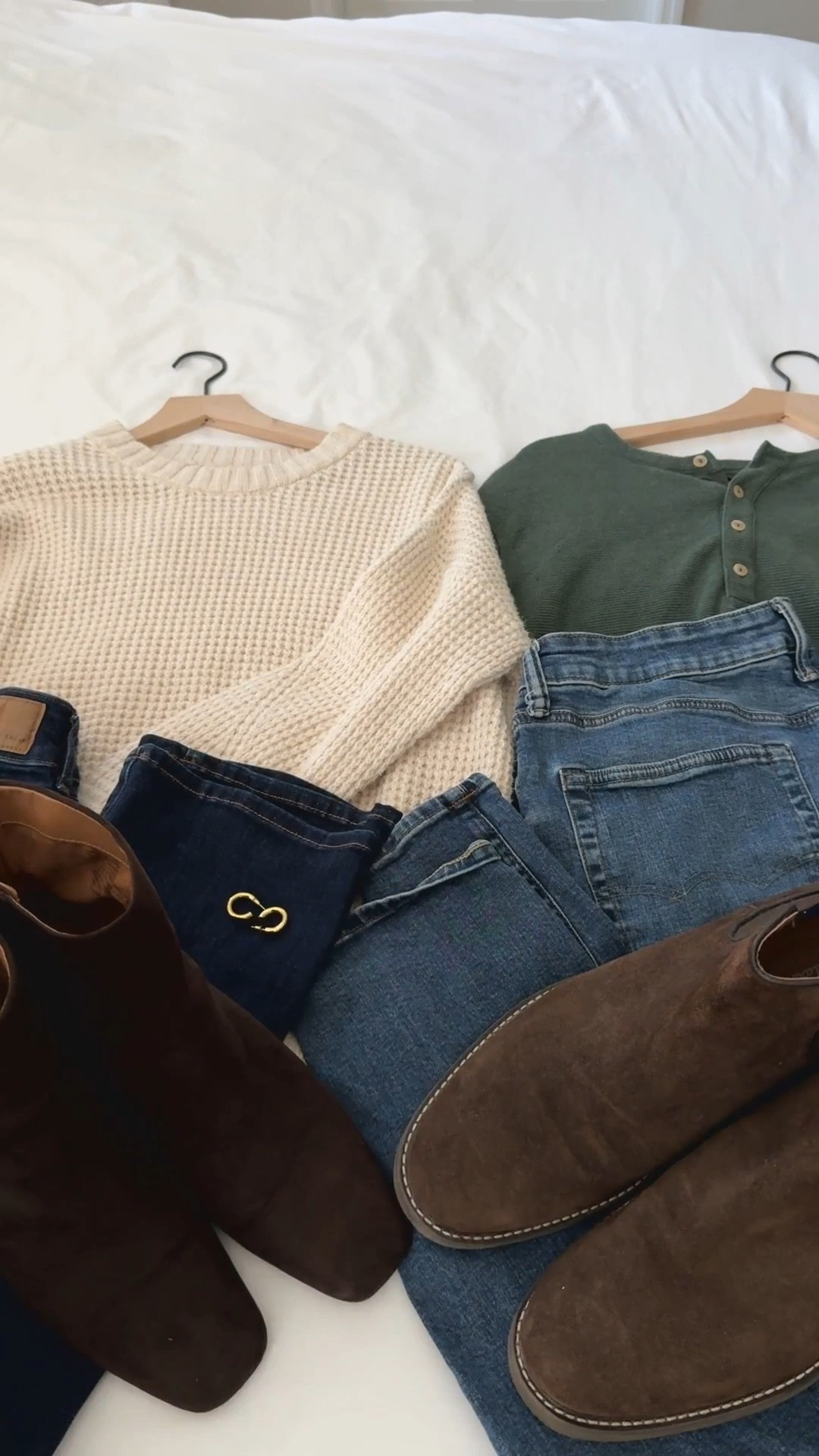 His & hers casual cold weather looks 🫶🏼 cozy knits, classic denim, and all the soft suede tones 🍂🍁☕️ laid back, timeless, and perfect for chilly weekend plans together 👩🏼‍❤️‍👨🏻 #HisAndHersStyle #WinterOutfitInspo #LTKCouples #CozyVibes #NeutralStyle #WinterWardrobe