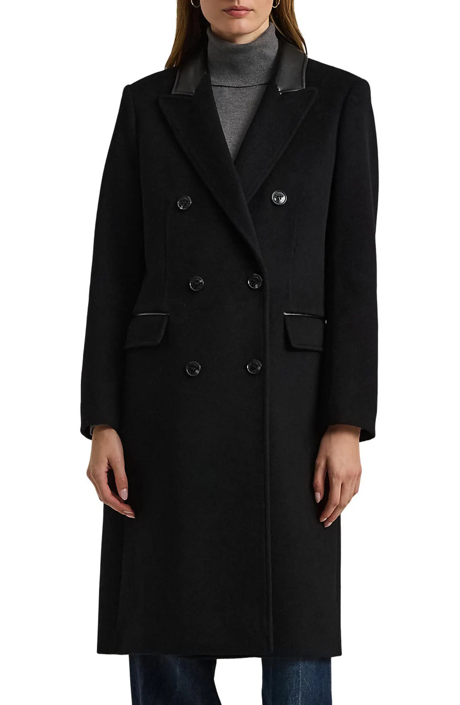 Lauren Ralph Lauren Faux Leather Trim Double Breasted Wool Blend Reefer Coat | Nordstrom | Nordstrom