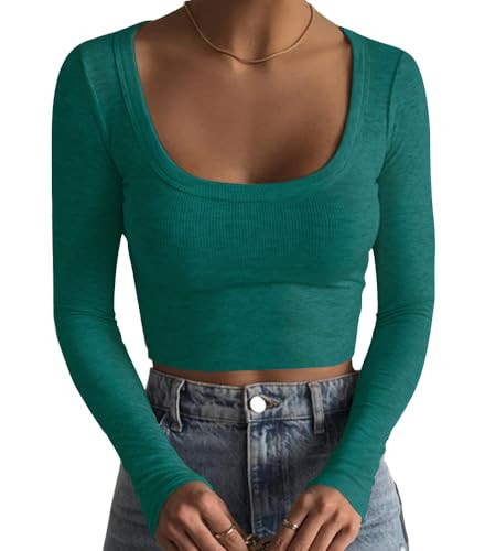 Artfish Women's Square Neck Long Sleeve Ribbed Slim Fitted Casual Basic Crop Top (Teal, XL) | Amazon (US)
