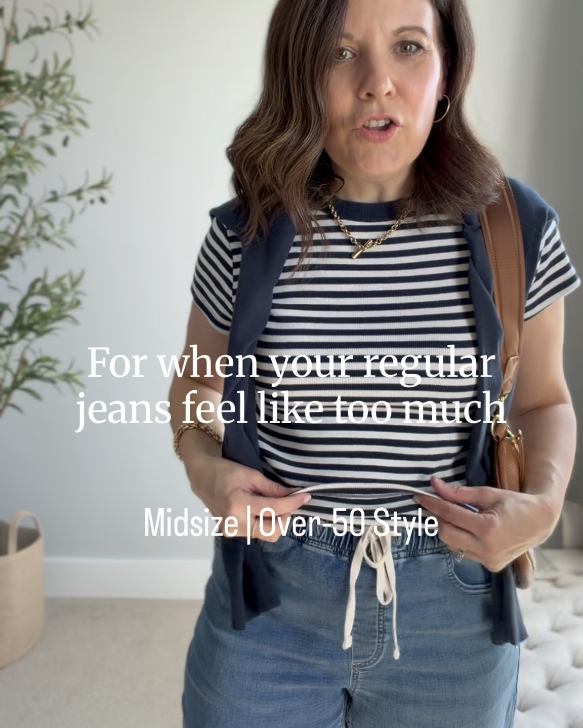 I first saw drawstring waist jeans on Kristin Cavallari over a year ago. She was wearing them with a white racerback tank top, and I loved the casual, comfortable vibe, but in jeans. It’s like sweats and jeans had a baby.

These are the jeans you want when your regular jeans feel too hard to wear.

For me, that’s a morning after a bad night’s sleep when I need my clothes to feel like pajamas. Or a travel day. Or an early weekend morning when I’m being forced out of bed and out of the house way too early.

They have an adjustable drawstring waist and the material is super stretchy.

I’ve ordered and returned several pairs over the last year.

And then J.Crew Factory dropped these a few weeks ago. They fit true to size, have a wide leg, and fit looser in the hips and thighs, with a 29-inch inseam, so they work with flats at 5'6". The waist rise hits at the waist and measures at 11.5 inches on a size 10.

Scroll to see how to style drawstring waist jeans. 

📏For reference, I’m midsized, 5’6”, slightly short-waisted, 36-B bust, and wear a small or medium top with size 10 jeans. 

#LTKSeasonal #LTKMidsize #LTKOver40