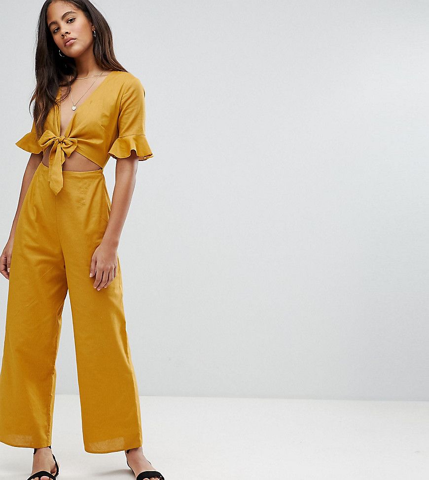 ASOS DESIGN Tall tea jumpsuit with cut out and tie detail in linen - Yellow | ASOS US