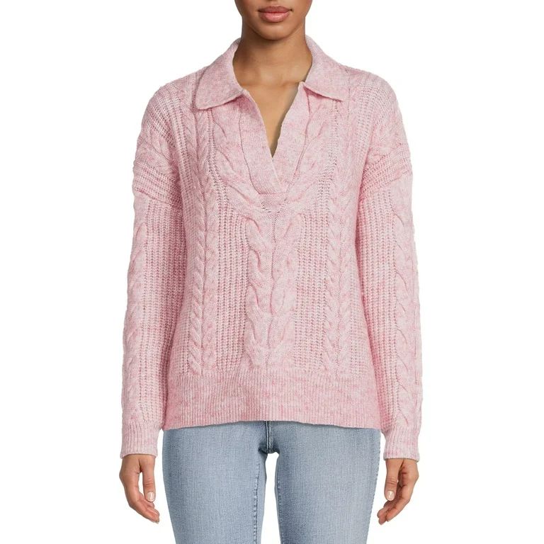 Time and Tru Women's Cable Stitch Polo Sweater | Walmart (US)