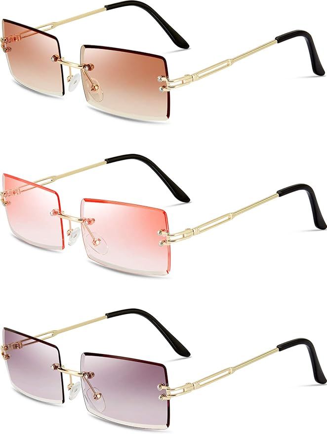 3 Pairs Rimless Rectangle Sunglasses Tinted Frameless Eyewear Vintage Transparent Rectangle Glass... | Amazon (US)