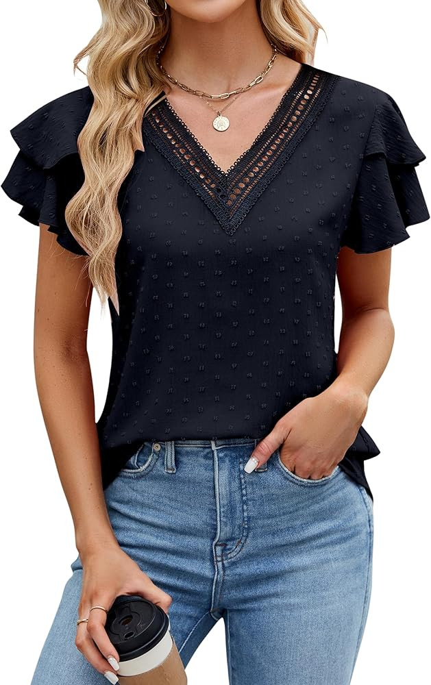 Blooming Jelly Women's Dressy Casual Blouses Business Work Tops Ruffle Sleeve Lace V Neck Shirts ... | Amazon (US)