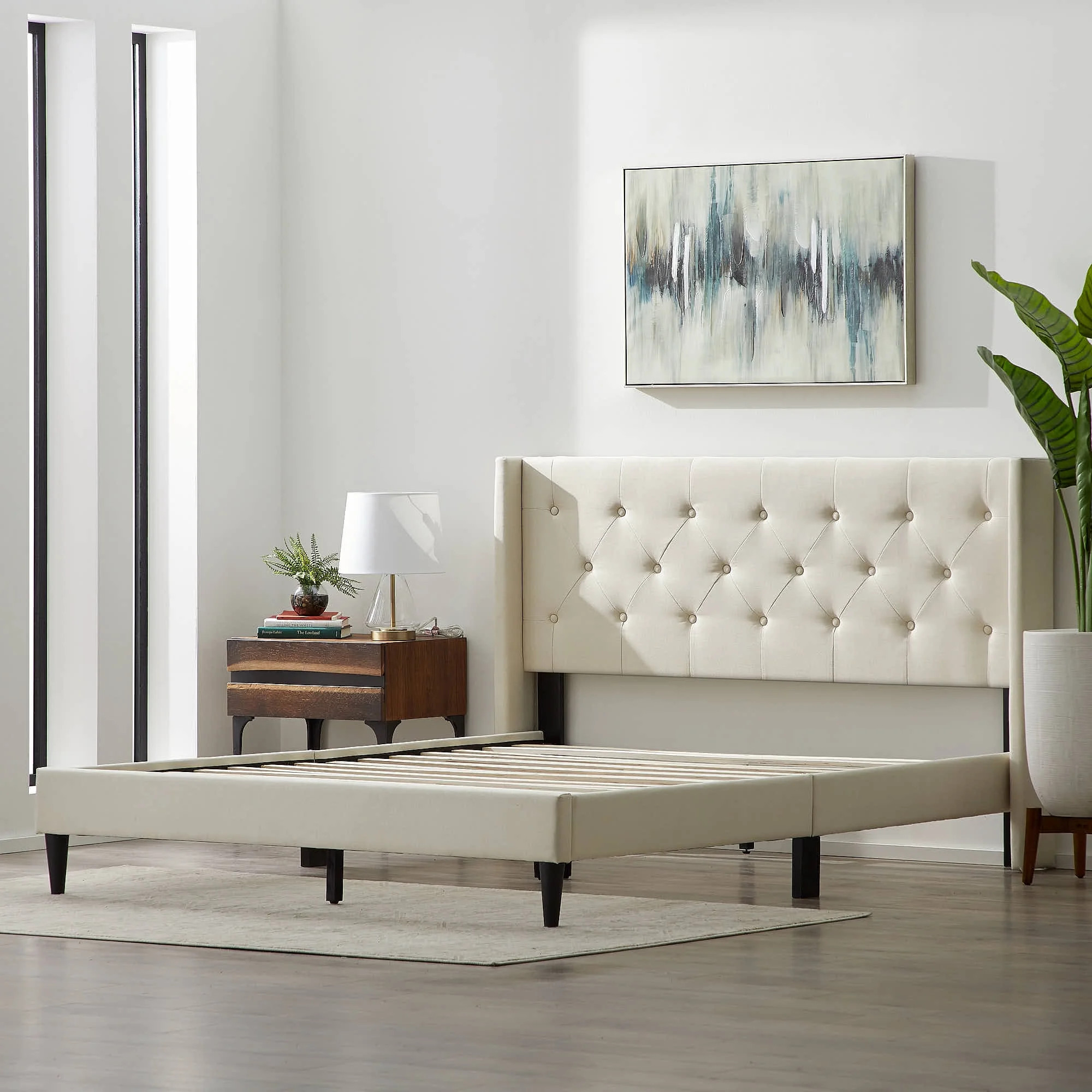 Rest Haven Linen Inspired Diamond Tufted Wingback Upholstered Bed, King, Cream | Walmart (US)