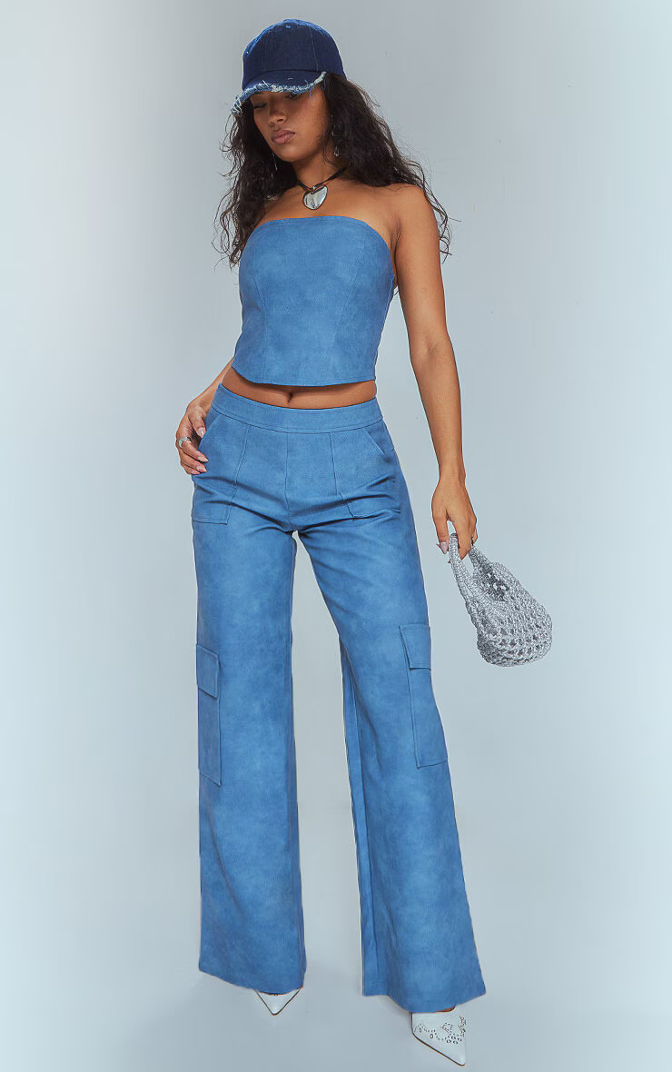 Blue Washed Faux Leather Seam Detail Bandeau Corset | PrettyLittleThing CAN