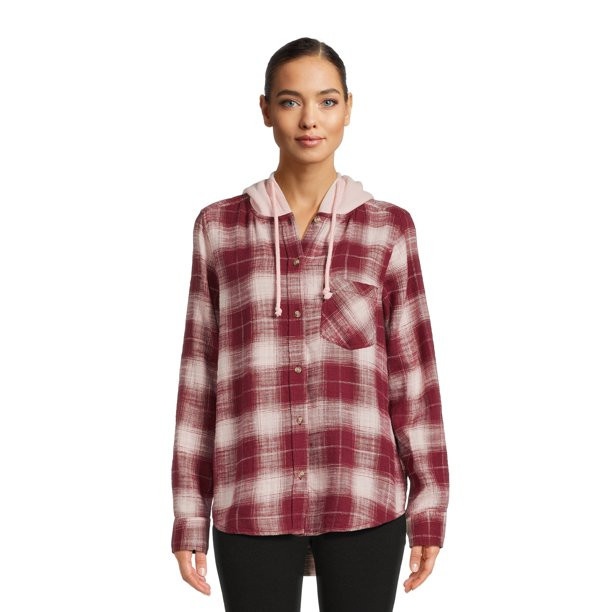 Time and Tru Women's Button Down Hooded Flannel Shirt, Sizes XS-3XL - Walmart.com | Walmart (US)