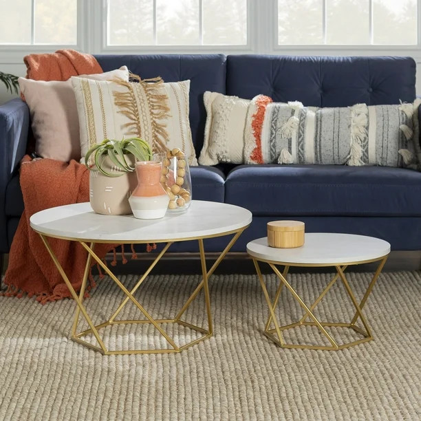 Ember Interiors Eloise Geometric Nesting End Tables, White Faux Marble/Gold - Walmart.com | Walmart (US)