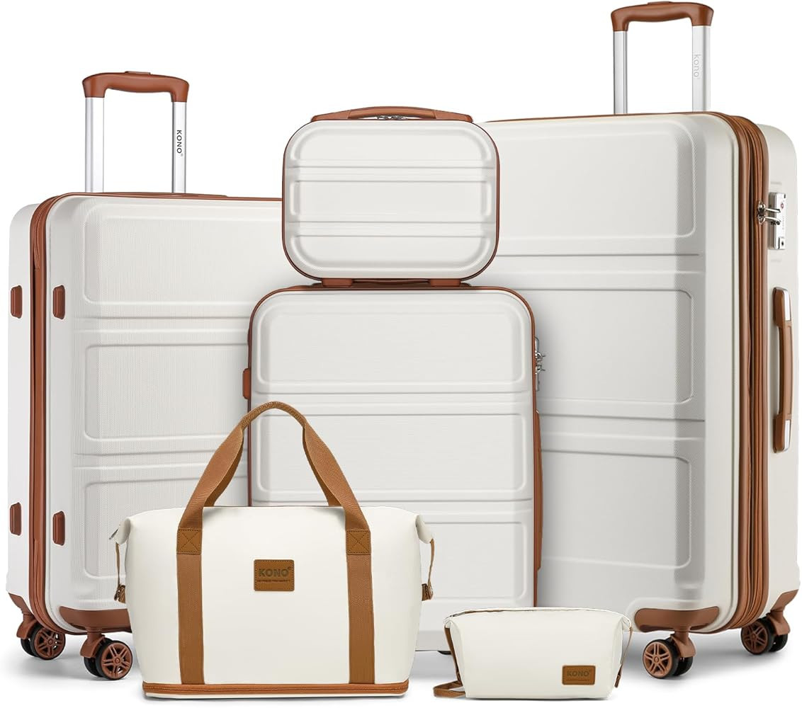 Kono Suitcase Set 3 Piece Luggage Set Expandable(only 28") PC+ABS Carry On Hardside Luggage with TSA Lock Spinner Wheels (Cream White, 6 piece set) | Amazon (US)