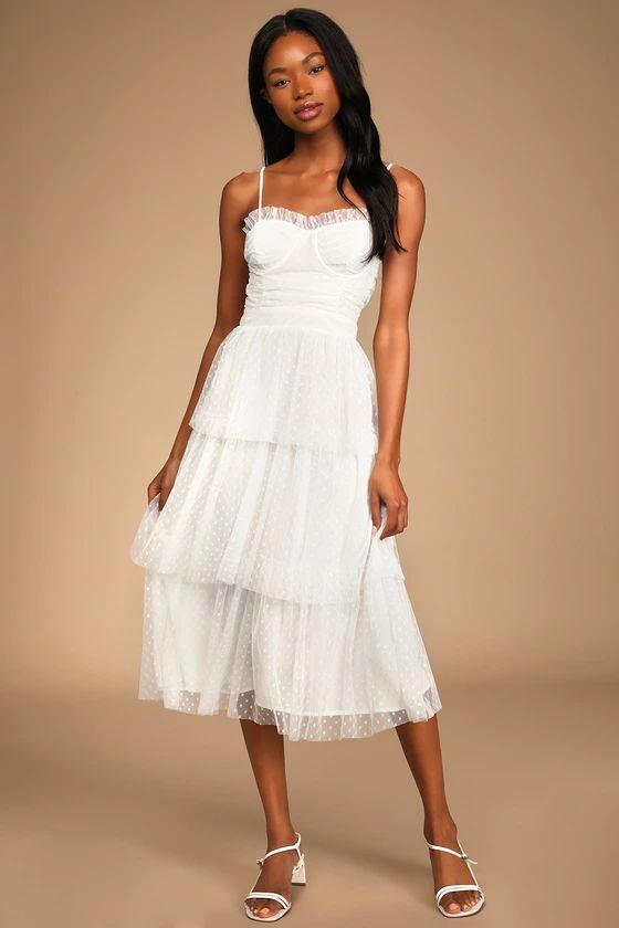 Sweetheart Style White Polka Dot Bustier Tiered Midi Dress | Lulus (US)