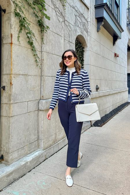 Spring work outfit 💙🤍

Navy and white striped cardigan size small, TTS (61% off + extra $10 off every $50 spent with code get10)
White mock neck sleeveless shell size small, TTS 
Navy high waisted ankle pants size 4, TTS 
White loafers size 6.5, fit small compared to other colors-stay TTS

Work wear 
Classic outfit 
Preppy outfit 
Work wear Wednesday 


#LTKSaleAlert #LTKShoeCrush #LTKWorkwear