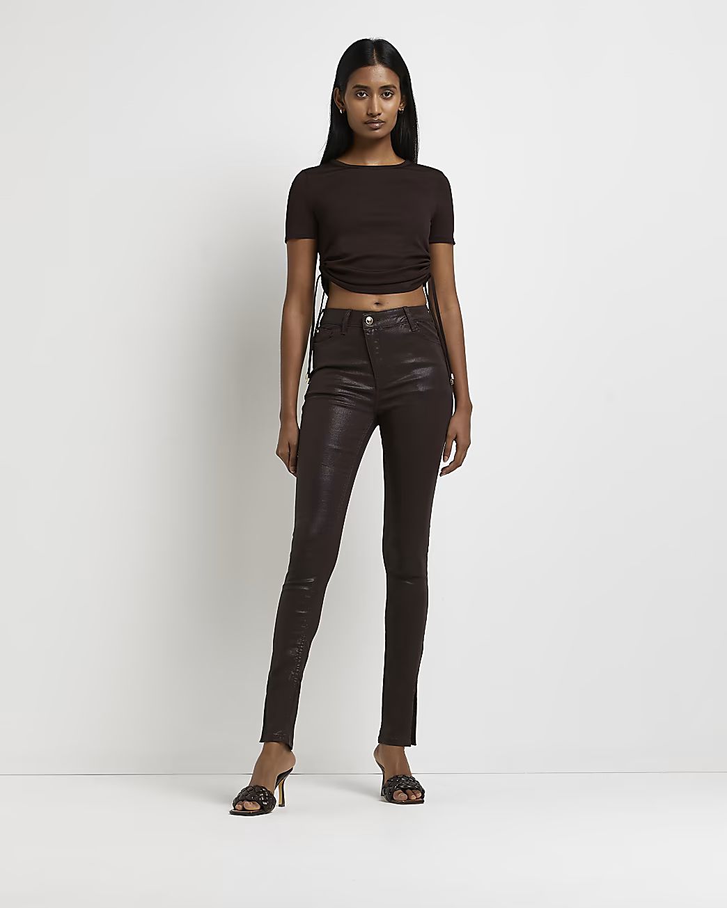 River Island Womens Brown coated high waisted skinny jeans | River Island (US)