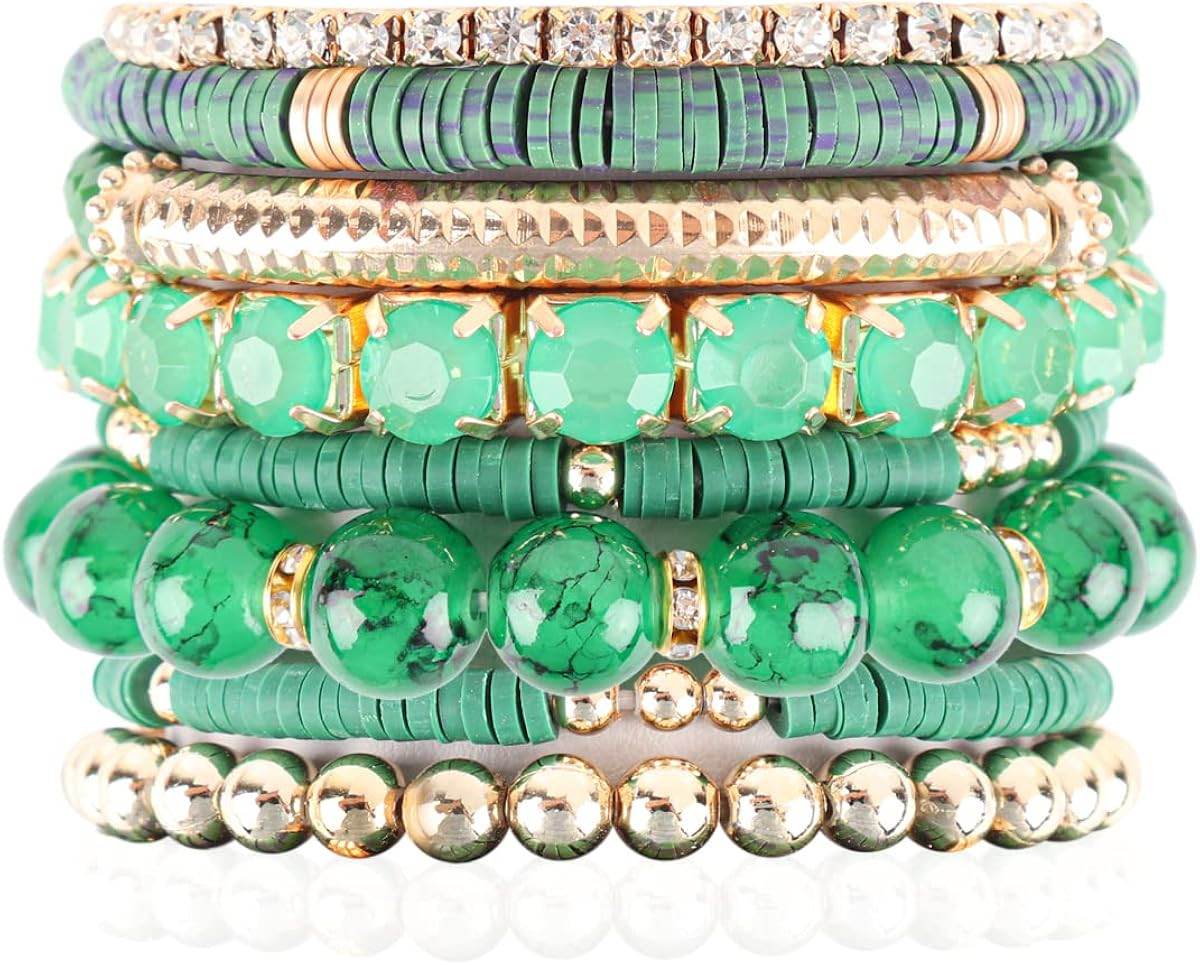 Multi Color Stretch Beaded Stackable Bracelets - Layering Bead Strand Statement Bangles | Amazon (US)