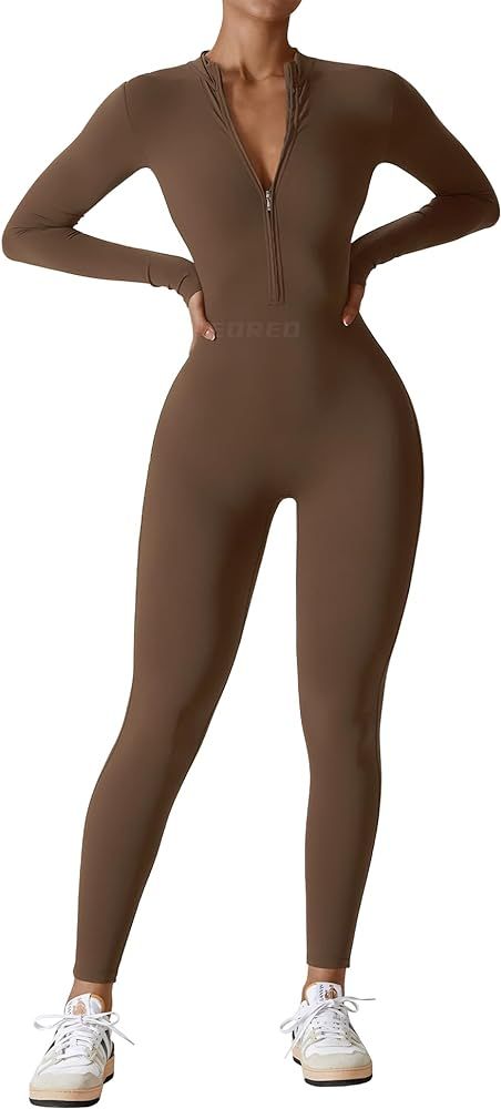 YEOREO Women Long Sleeve Workout Jumpsuit Zip Up Romper Bottom Pants Bodysuit Bodycon Sexy One Pi... | Amazon (US)