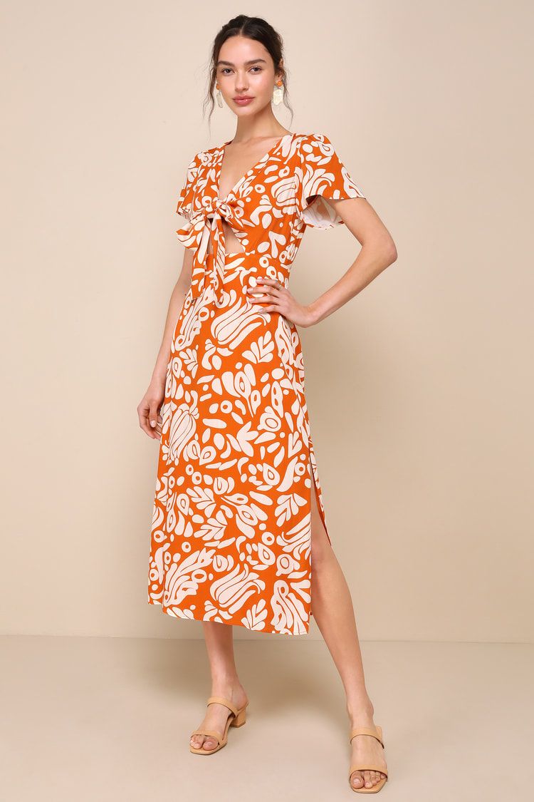 Energetic Charm Rust Orange Abstract Tie-Front Midi Dress | Lulus