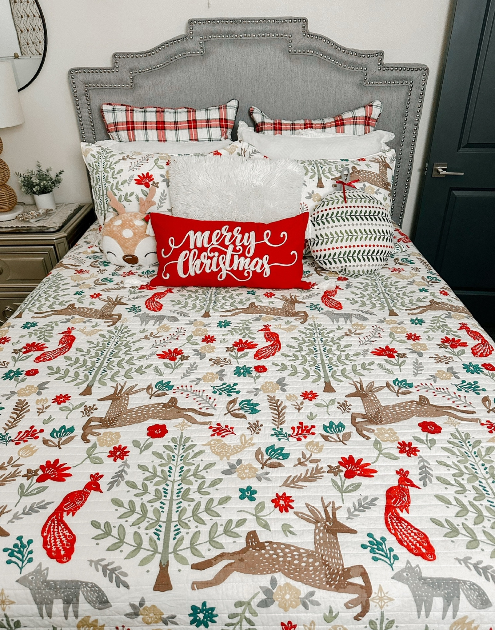 Christmas bedding is a fave of mine last year guest room bedding is my fave with these cute pillows and deer. #christmas #levtexhone #gifted #christmasbedding #plaidbedding #christmaspillows #christmasquilt 

#LTKHoliday #LTKHome #LTKSeasonal