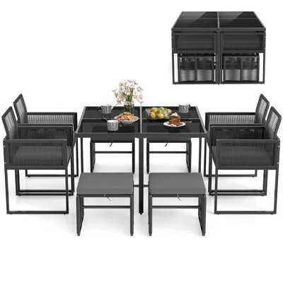 9 Pcs Patio Dining Set With Pe Rattan Chairs Tempered Glass Table And Ottomans | Wayfair North America