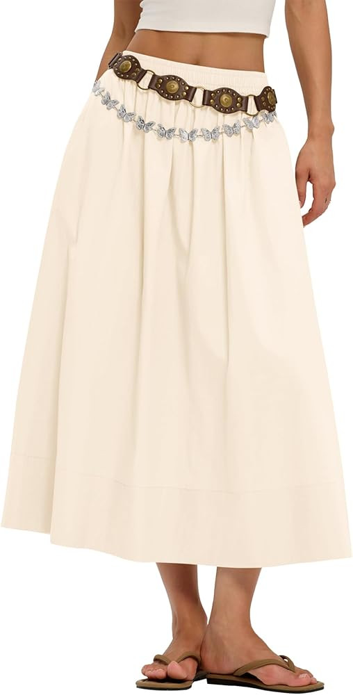 LOMON Midi Skirts for Women A-Line Cotton Flowy Maxi Skirt Boho Summer Beach Casual Elastic Waist... | Amazon (US)