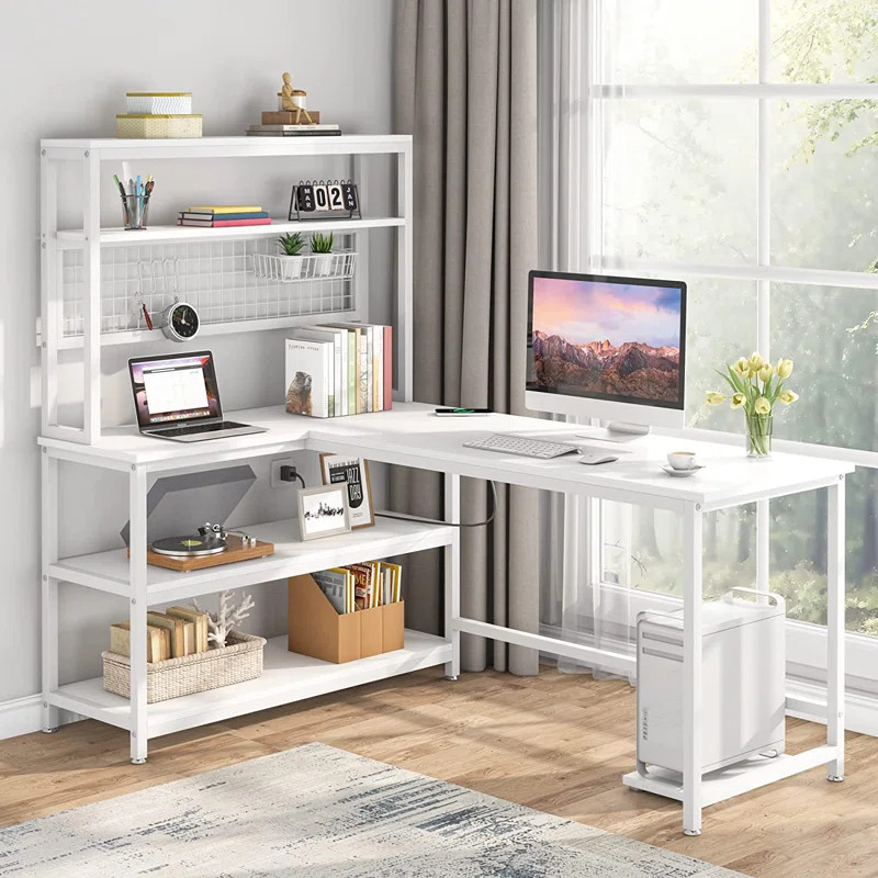 Plovdiv 55" Large Computer Desk L-Shaped Desk with Wireless Charging and Bookshelf for Home Offic... | Wayfair North America