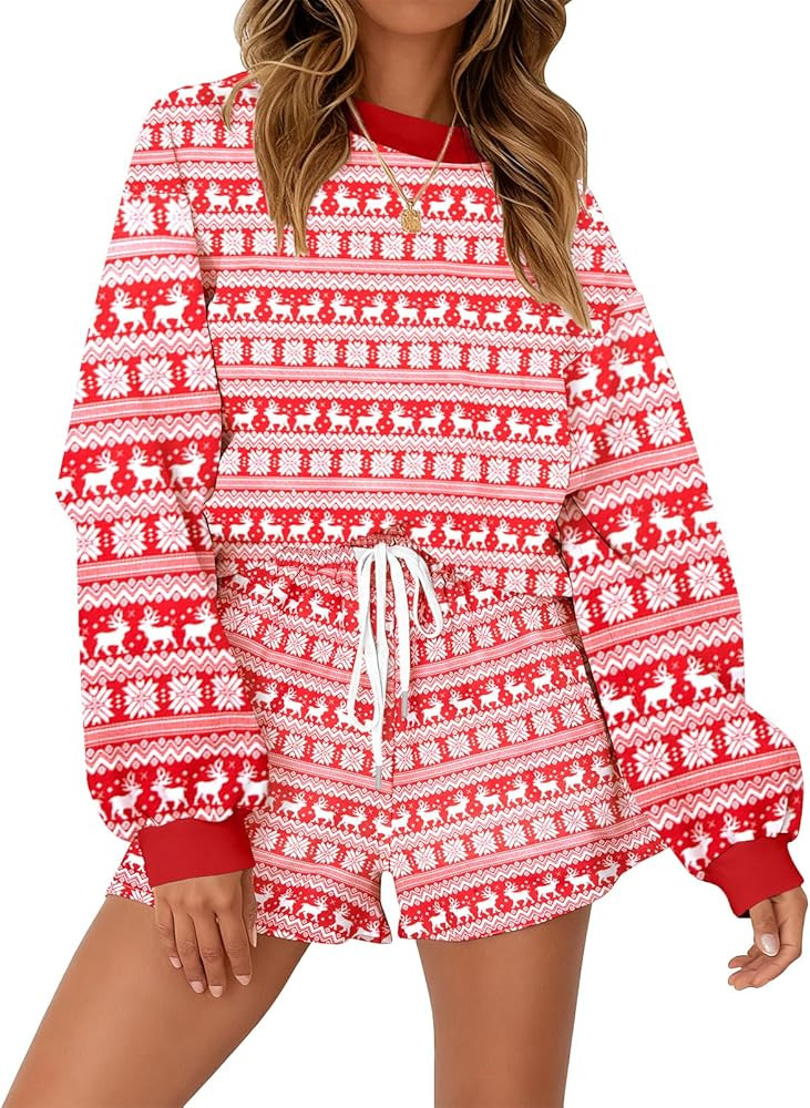 VILOVE Christmas Sweat Shorts Sets Women 2 Piece Merry Xmas Jolly Sequin Outfit Oversized Casual ... | Amazon (US)
