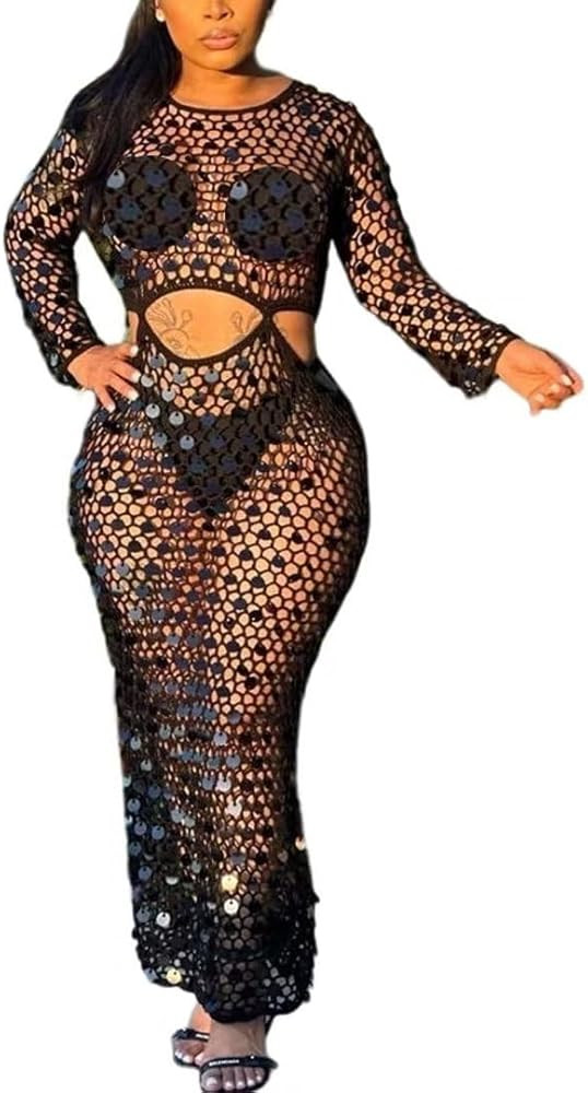 Kafiloe Women Sexy Long Sleeve Sequin Crochet Maxi Dress Beach Cover Ups Hollow Out Swimwear Biki... | Amazon (US)