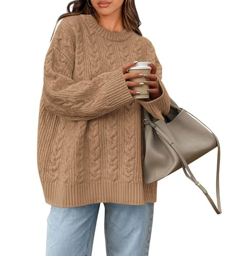 Okiwam Women's Oversized Sweaters Crewneck Cable Knit Pullover Casual Loose Fall Outfits Fashion Clothes 2025-S Khaki | Amazon (US)