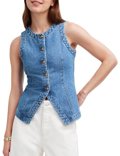 Women's Denim Vest Sleeveless Button Down Casual Jean Crewneck Waistcoat Denim Top | Amazon (US)
