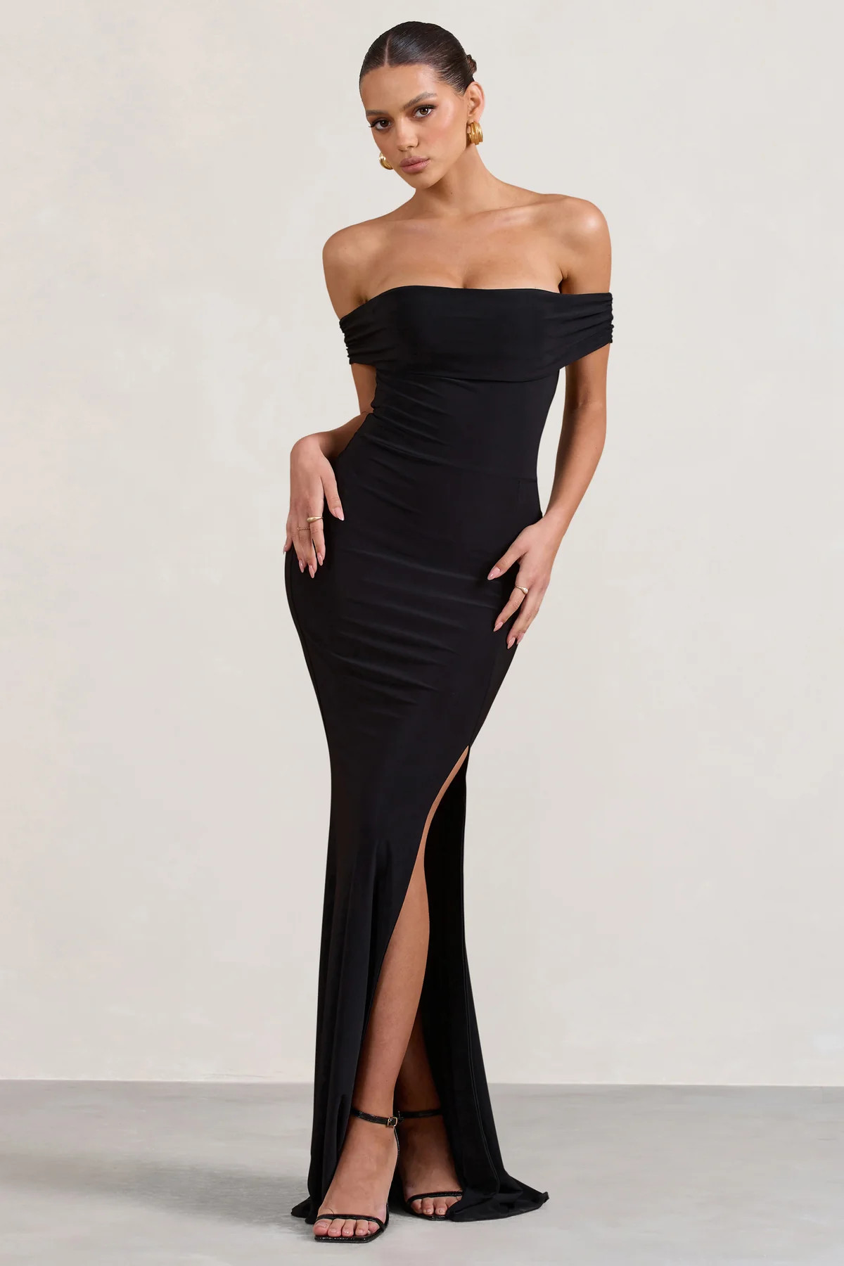 Law of Attraction | Black Bardot Draped Split Maxi Dress | Club L London
