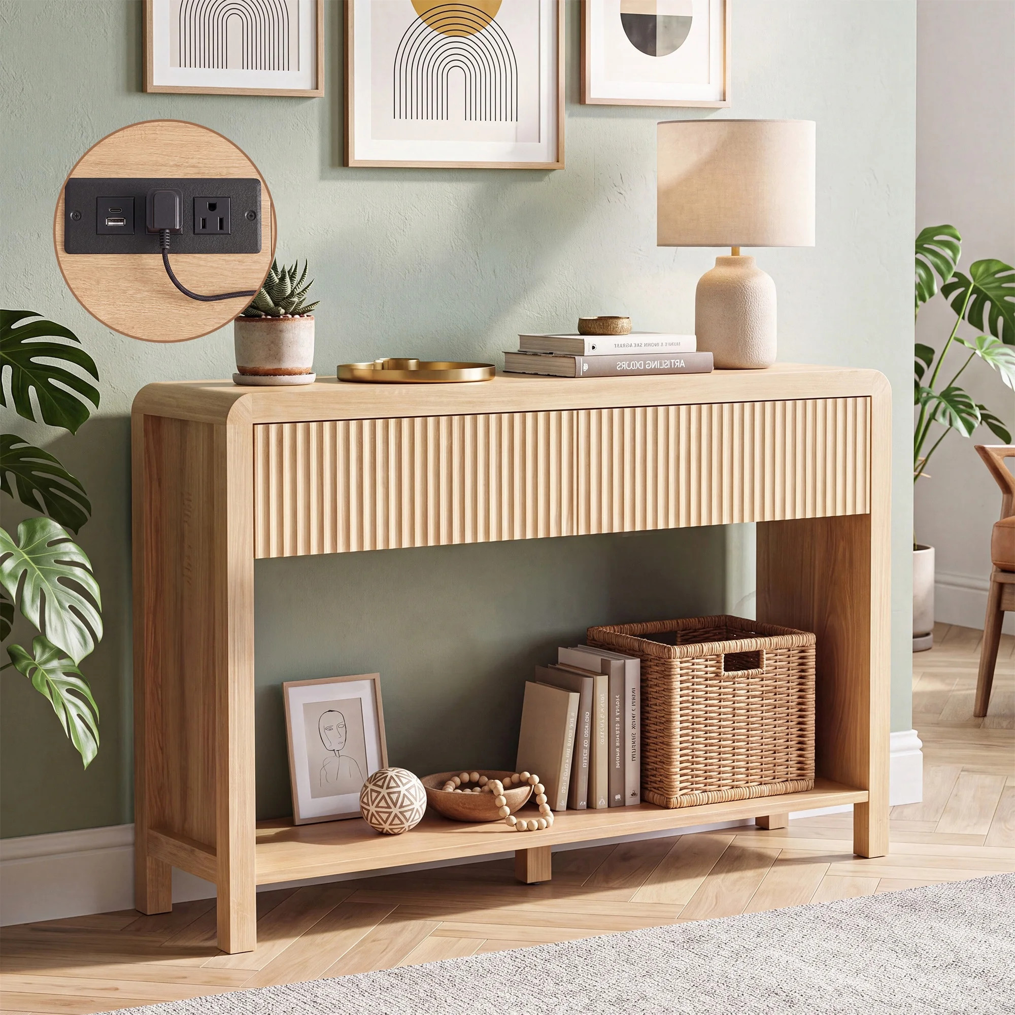 Innovar 47" Modern Fluted Sofa Table with Power Outlets - Curved Console Table W/Open Storage Shelf & 2 Drawers, Narrow Entryway Tables for Living Room, Hallway,Entrance,Nature - Walmart.com | Walmart (US)
