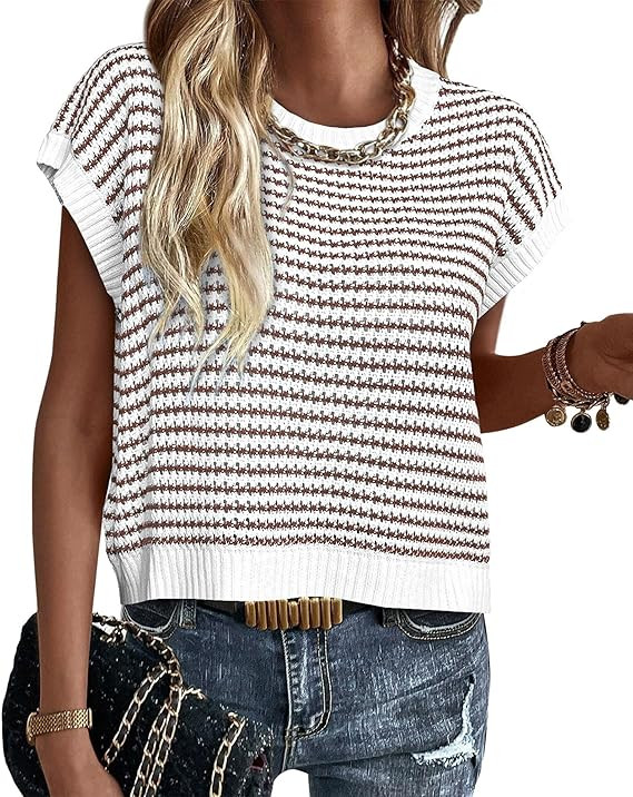 PRETTYGARDEN Womens Short Sleeve Sweater Spring Summer 2026 Round Neck Striped Pullover Cap Sleev... | Amazon (US)