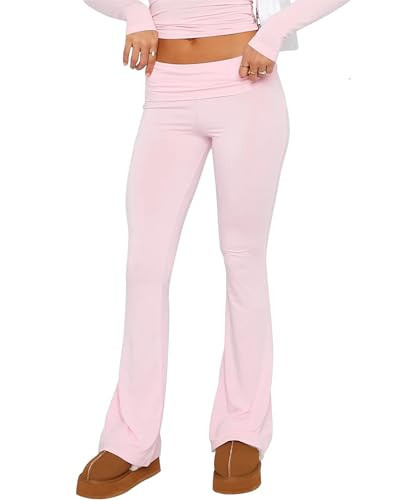 Luckinbaby Women 's Flare Skinny Pants Fold Over Leggings Stretch Bootcut Bell Bottom Yoga Pants Y2k Joggers(Basic Pink,S) | Amazon (US)