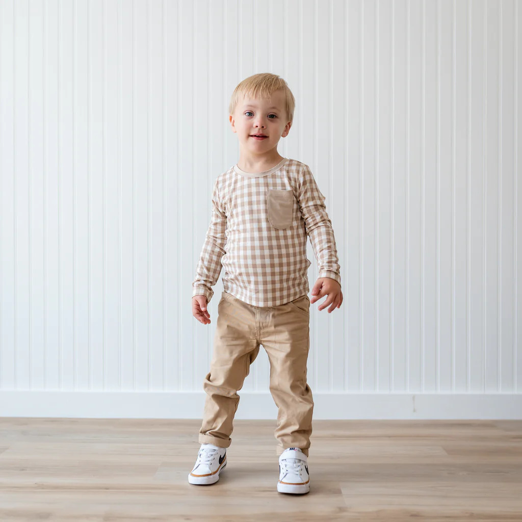 Long Sleeve Toddler Crew Neck Tee in Gingham Bisque | Kyte Baby