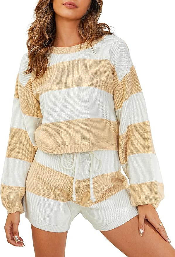 Womens 2 Piece Outfit Oversized Lounge Sets Striped Matching Pajamas Set Knitted Sweater Set Long... | Amazon (US)