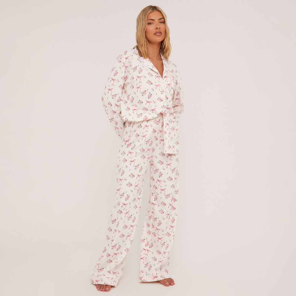 Floral And Bow Printed Long Sleeve Shirt And Straight Leg Trousers Pyjama Set In White | EGO (UK)