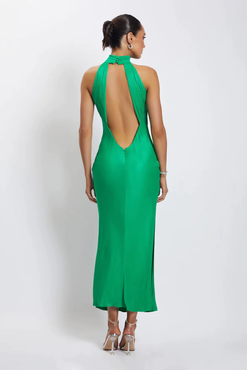 Claire Satin Drape Back Maxi Dress with Split - Green | MESHKI US