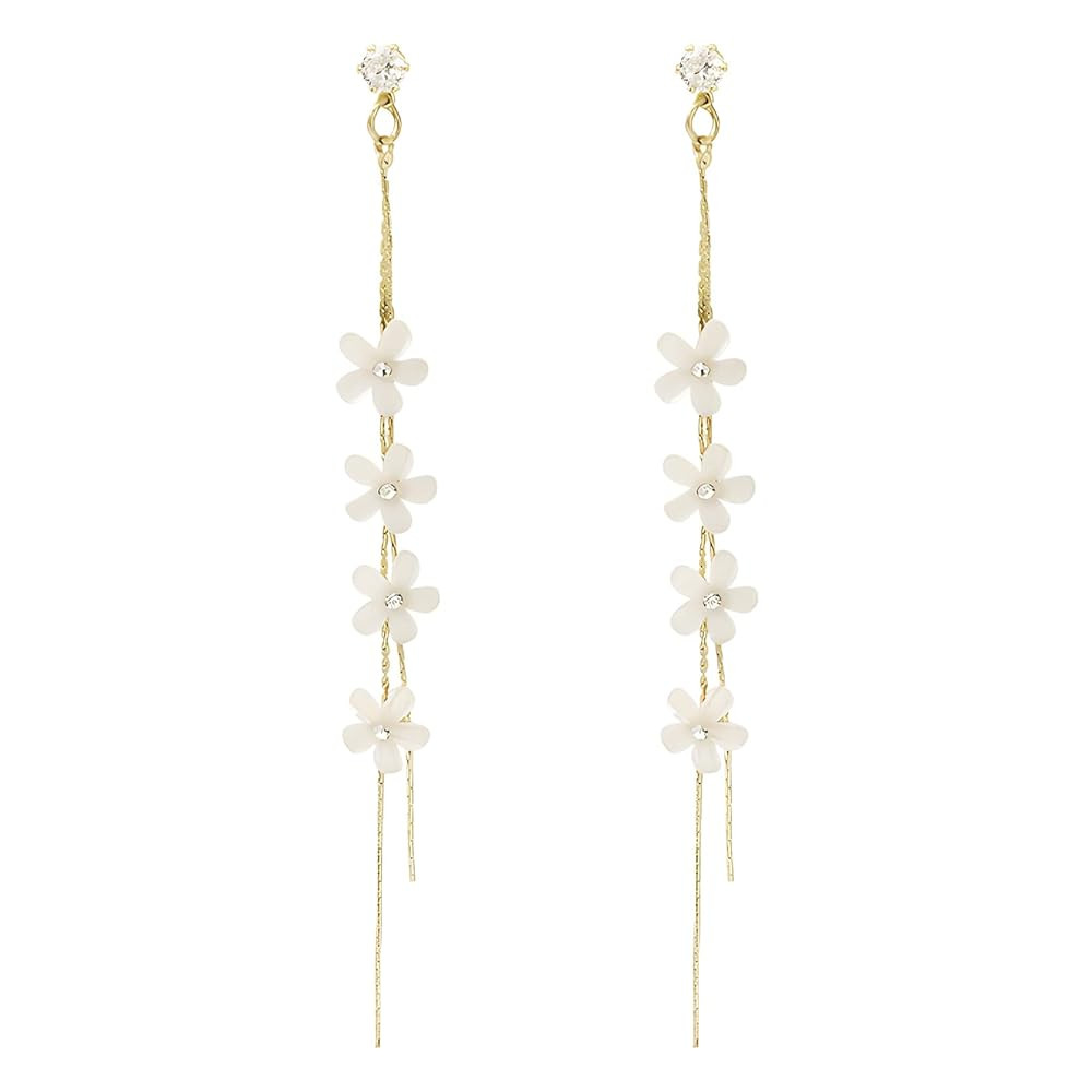 Unique Chic Long Tassel Chain Flower Drop Earrings 925 Silver Needle Post Back Linear Dangle Dain... | Amazon (US)