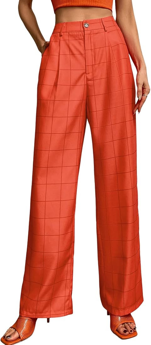 SweatyRocks Women's Casual Wide Leg High Waisted Button Down Straight Long Trousers Pants | Amazon (US)