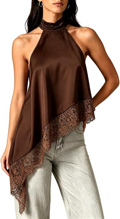 Women Satin Halter Top Y2K Mock Neck Lace Trim Asymmetrical Hem Tank Top Sleeveless Going Out Cro... | Amazon (US)