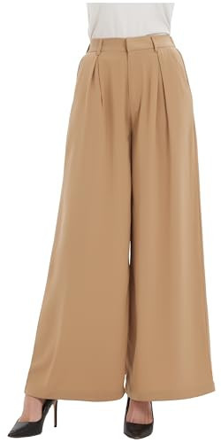 Tronjori Women High Waist Casual Wide Leg Long Palazzo Work Dress Pants Business Trousers Regular Size(XXL, Khaki) | Amazon (US)