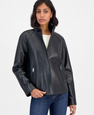 Calvin Klein Women's Leather Stand-Collar Zip-Up Jacket, Created for Macy's - BLACK | Macy's