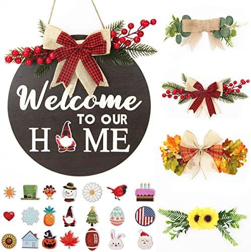 EgticLive Interchangeable Welcome Sign for Front Door, Farmhouse Round Wood Wall Hanging Wreaths Out | Amazon (US)