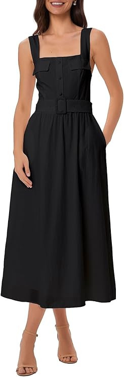 EZAPINE Summer\u2002Dresses for Women Sleeveless Elegant Square Neck Aline Midi Dresses Elastic W... | Amazon (US)