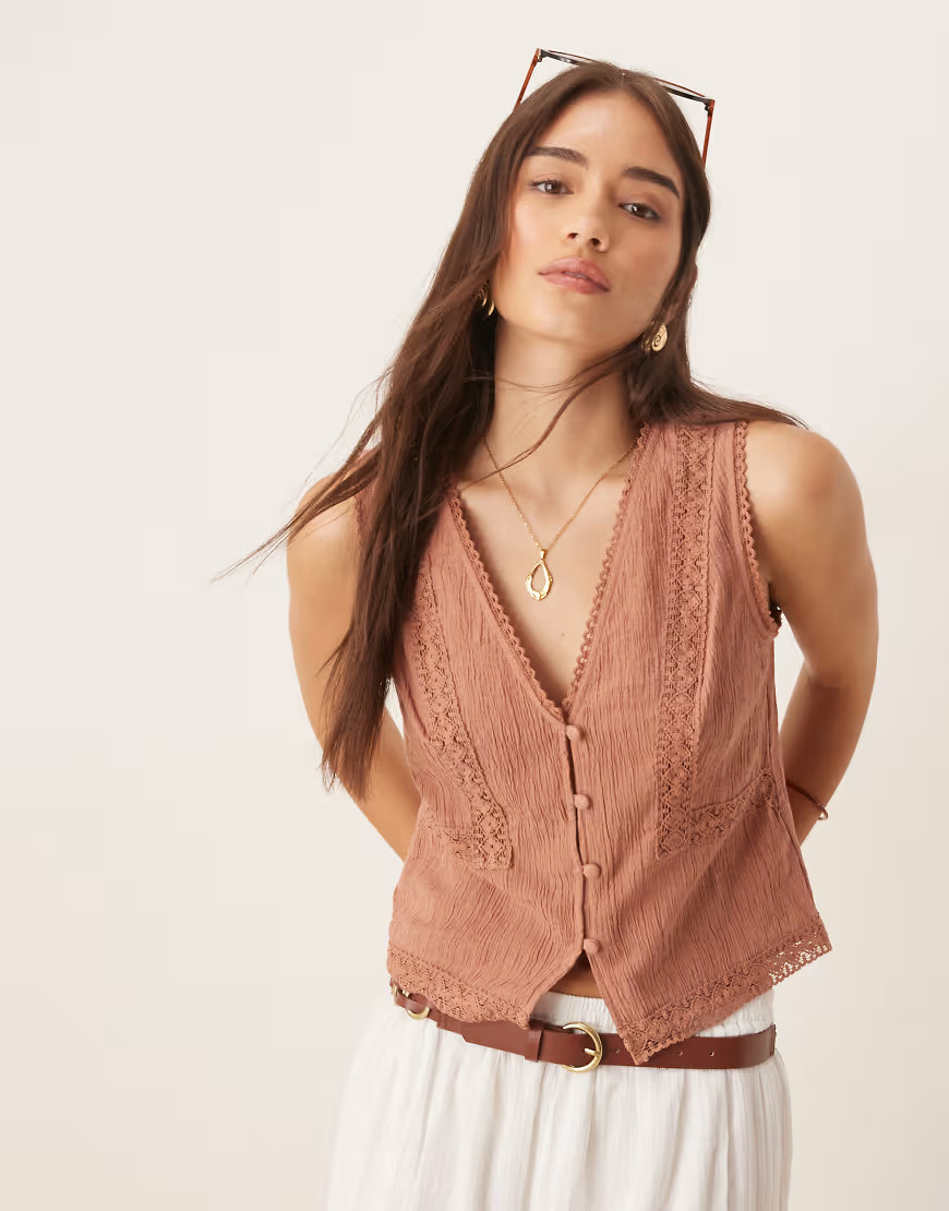 ASOS DESIGN lace trim vest in brown | ASOS (Global)
