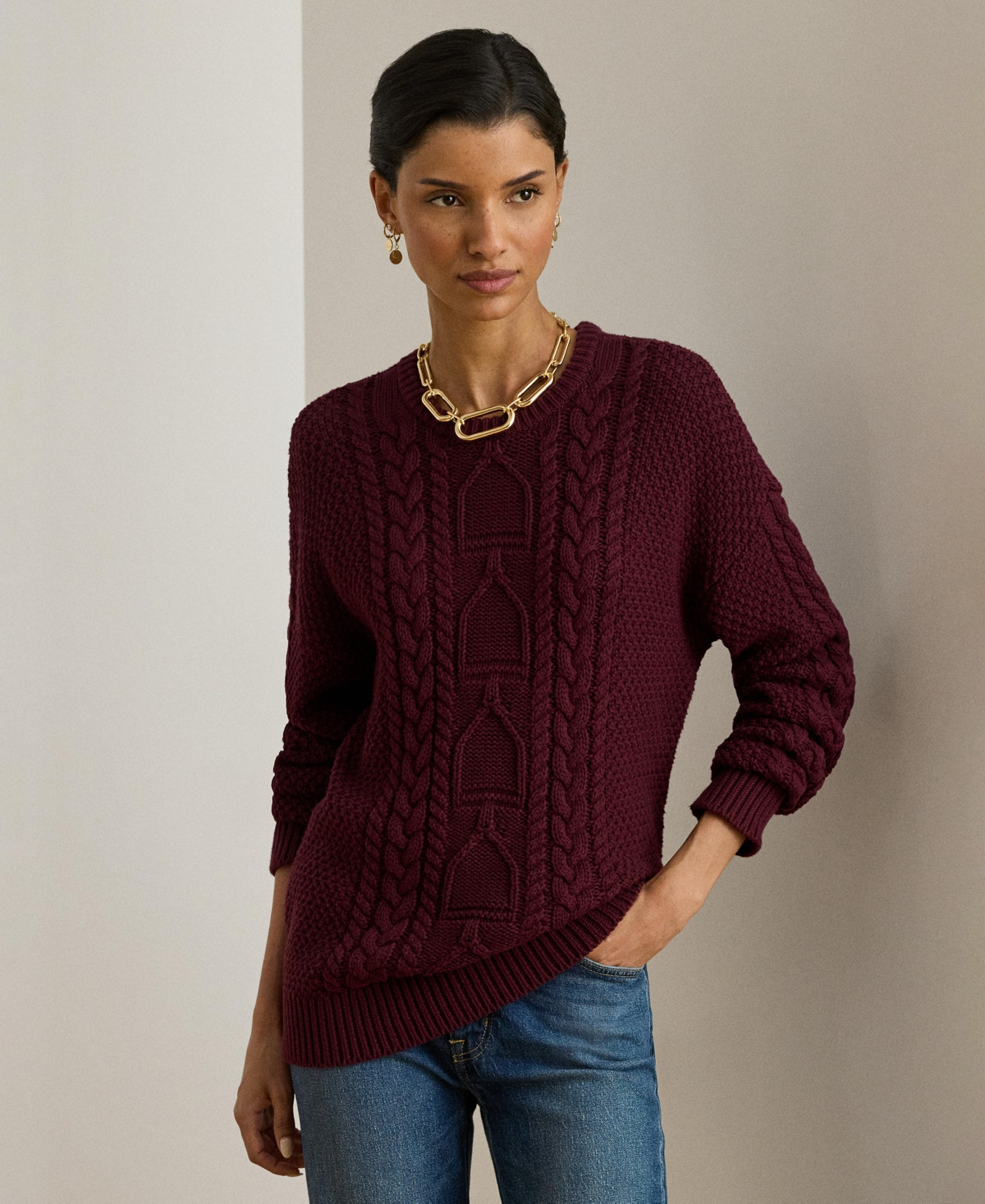 Lauren Ralph Lauren Women's Cable-Knit Crewneck Sweater - Dark Garnet | Macy's